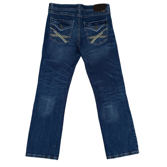 T.K. Axel Slim Boot Jeans Mens 34X31 Blue Embroidered Flaps Western Thick Stitch - Picture 1 of 15